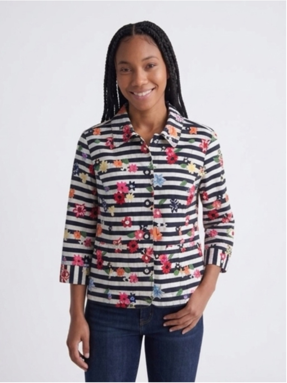 🔥 BUY ONE GET ONE FREE! Christopher & Banks Jacket Womens Small Stripe Floral🔥